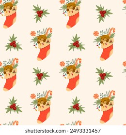 Vector seamless pattern with Happy Christmas decoration. Cute cat in a stocking and holly branches. Sweets and gifts wallpaper. Texture for textile with a holiday elements.
