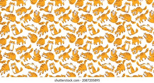Vector seamless pattern with happy cute striped red cat character on white color background. Flat line art style design of animal tiger cat in different pose. Symbol of New Year 2022 for greeting card