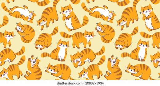 Vector seamless pattern with happy cute animal tiger cat on color background. Flat line art style design of striped red cat character in different pose. Symbol of New Year 2022 for web, greeting card