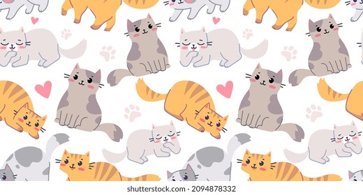 Vector seamless pattern with happy cute different cat character on white color background. Flat line art style design of seamless pattern with animal cat for web, greeting card, banner, wrapping paper