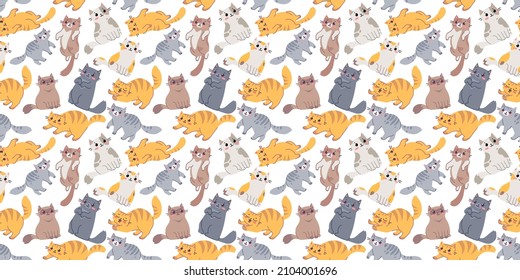 Vector seamless pattern with happy cute different cat character on white color background. Flat line art style design of seamless pattern with many animal cat for web, greeting card, banner, paper