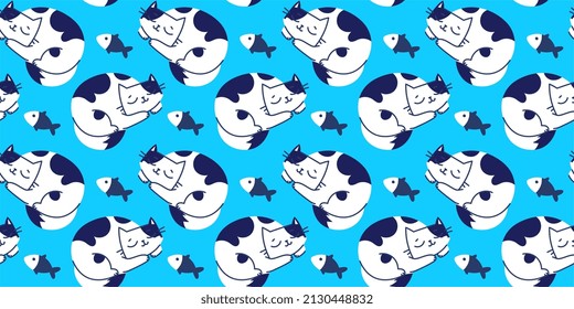 Vector seamless pattern with happy cute sleeping white cat character and dreaming of fish on blue color background. Flat line art style design of curled up in a ball animal cat for web, greeting card