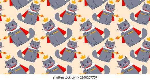 Vector seamless pattern with happy cute gray cat character with crown and scepter on color background. Flat line art style design of standing king animal cat for web, greeting card, banner, textile