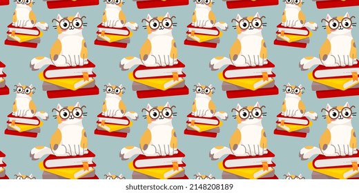 Vector seamless pattern with happy cute spotted cat character in glasses sitting on pile of book on color background. Flat line art style design of scientist animal cat for web, greeting card, banner