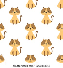 vector seamless pattern with happy cute cat on white background, flat style design, print with animal, year cat