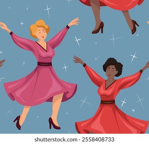 Vector seamless pattern with happy dancing women in red dress on blue background. Texture with professional dancer. Active lifestyle wallpaper