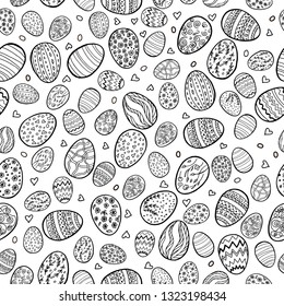 Vector seamless pattern for happy Easter day with decorative eggs. Hand drawn eggs with different patterns and different sizes. 