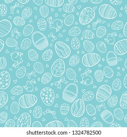 Vector seamless pattern for happy Easter day with decorative eggs. Hand drawn eggs with different patterns and different sizes. Easter holiday background