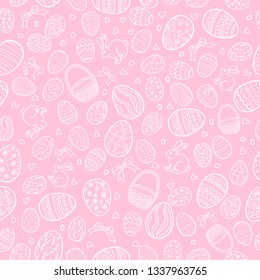 Vector seamless pattern for happy Easter day with decorative eggs. Hand drawn eggs with different patterns and different sizes. Easter holiday background for wallpapers