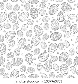 Vector seamless pattern for happy Easter day with decorative eggs. Hand drawn eggs with different patterns and different sizes. Easter holiday background for wallpapers