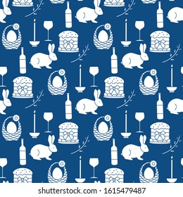 Vector seamless pattern Happy Easter. Candle, Easter cake, egg in basket, bunny, pussy-willow twig, bottle, glass. Festive background. Design for packaging, fabric, print.