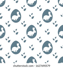 Vector seamless pattern Happy Easter. Easter eggs with Bunny, leaves. Festive background. Surprise Hunt for Easter eggs. Fun game for children. Design for packaging, fabric, print.