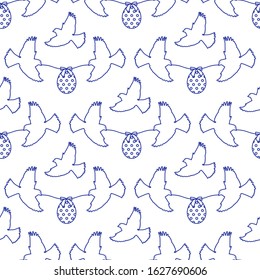 Vector seamless pattern Happy Easter Two birds hold rope with decorated Easter egg with bow on white background. Festive concept. Surprise. Design for packaging, fabric, print.