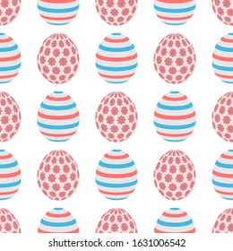 Vector seamless pattern Happy Easter. Decorated Easter eggs on white background. Festive concept. Surprise. Hunt for Easter eggs. Fun game for children. Holiday Design for packaging, fabric, print