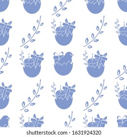 Vector seamless pattern Happy Easter. Easter egg, cake, chick, gift, willow branches. Festive concept. Surprise. Hunt for Easter eggs. Fun game for children Holiday Design for packaging, fabric, print