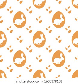 Vector seamless pattern Happy Easter. Easter eggs with Bunny, leaves. Festive background. Surprise Hunt for Easter eggs. Fun game for children. Design for packaging, fabric, print.