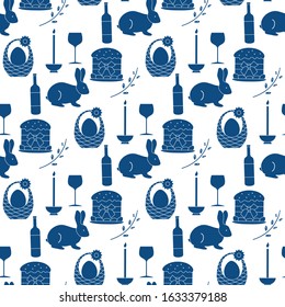Vector seamless pattern Happy Easter. Candle, Easter cake, egg in basket, bunny, pussy-willow twig, bottle, glass. Festive background. Design for packaging, fabric, print.