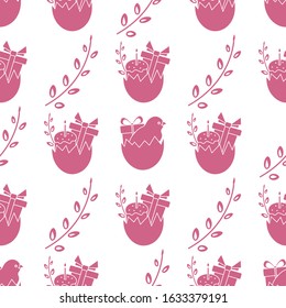 Vector seamless pattern Happy Easter. Easter egg, cake, chick, gift, willow branches. Festive concept. Surprise. Hunt for Easter eggs. Fun game for children Holiday Design for packaging, fabric, print