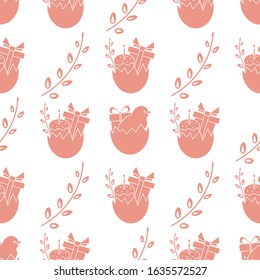 Vector seamless pattern Happy Easter. Easter egg, cake, chick, gift, willow branches. Festive concept. Surprise. Hunt for Easter eggs. Fun game for children Holiday Design for packaging, fabric, print