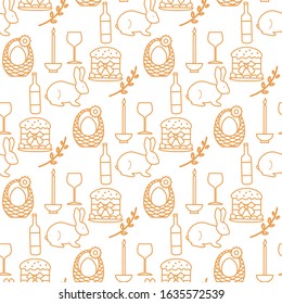 Vector seamless pattern Happy Easter. Candle, Easter cake, egg in basket, bunny, pussy-willow twig, bottle, glass. Festive background. Design for packaging, fabric, print.