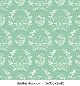 Vector seamless pattern Happy Easter. Easter cake, decorated eggs, willow twig. Festive background. Design for packaging, fabric, print.