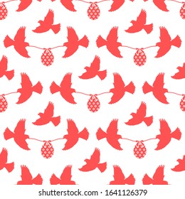 Vector seamless pattern Happy Easter Two birds hold rope with decorated Easter egg with bow on white background. Festive concept. Surprise. Design for packaging, fabric, print.