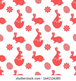 Vector seamless pattern Happy Easter. Easter Bunny, egg shell, decorated egg, flower. Festive background. Surprise. Hunt for eggs. Fun game for children. Design for packaging, fabric, print
color