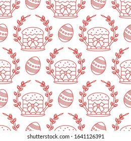 Vector seamless pattern Happy Easter. Easter cake, decorated eggs, willow twig. Festive background. Design for packaging, fabric, print.
