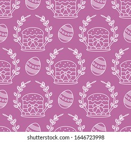 Vector seamless pattern Happy Easter. Easter cake, decorated eggs, willow twig. Festive background. Design for packaging, fabric, print.