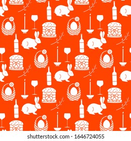Vector seamless pattern Happy Easter. Candle, Easter cake, egg in basket, bunny, pussy-willow twig, bottle, glass. Festive background. Design for packaging, fabric, print.