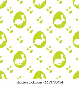Vector seamless pattern Happy Easter. Easter eggs with Bunny, leaves. Festive background. Surprise Hunt for Easter eggs. Fun game for children. Design for packaging, fabric, print.