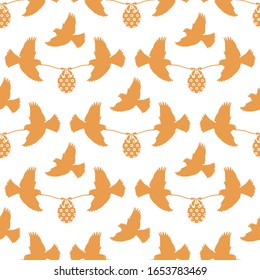 Vector seamless pattern Happy Easter Two birds hold rope with decorated Easter egg with bow on white background. Festive concept. Surprise. Design for packaging, fabric, print.