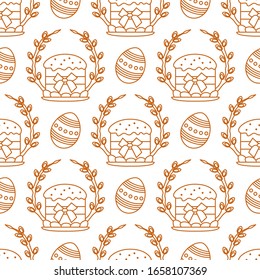 Vector seamless pattern Happy Easter. Easter cake, decorated eggs, willow twig. Festive background. Design for packaging, fabric, print.