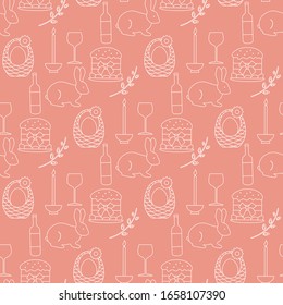 Vector seamless pattern Happy Easter. Candle, Easter cake, egg in basket, bunny, pussy-willow twig, bottle, glass. Festive background. Design for packaging, fabric, print.