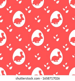 Vector seamless pattern Happy Easter. Easter eggs with Bunny, leaves. Festive background. Surprise Hunt for Easter eggs. Fun game for children. Design for packaging, fabric, print.