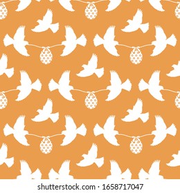 Vector seamless pattern Happy Easter Two birds hold rope with decorated Easter egg with bow on color background. Festive concept. Surprise. Design for packaging, fabric, print.