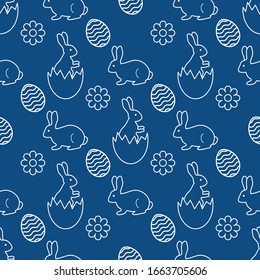Vector seamless pattern Happy Easter. Easter Bunny, egg shell, decorated egg, flower. Festive background. Surprise. Hunt for eggs. Fun game for children. Design for packaging, fabric, print
color