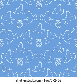 Vector seamless pattern Happy Easter Two birds hold rope with decorated Easter egg with bow on color background. Festive concept. Surprise. Design for packaging, fabric, print.