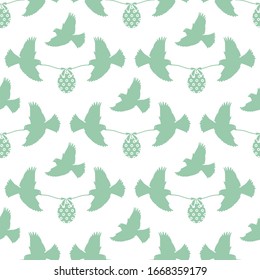 Vector seamless pattern Happy Easter Two birds hold rope with decorated Easter egg with bow on white background. Festive concept. Surprise. Design for packaging, fabric, print.