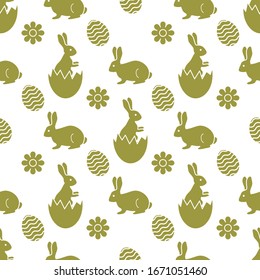 Vector seamless pattern Happy Easter. Easter Bunny, egg shell, decorated egg, flower. Festive background. Surprise. Hunt for eggs. Fun game for children. Design for packaging, fabric, print
color