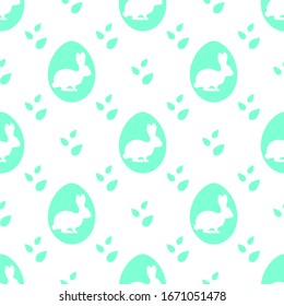 Vector seamless pattern Happy Easter. Easter eggs with Bunny, leaves. Festive background. Surprise Hunt for Easter eggs. Fun game for children. Design for packaging, fabric, print.