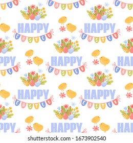 Vector seamless pattern Happy Easter. Easter Spring background with flowers and eggs