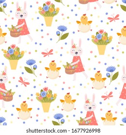 Vector seamless pattern Happy Easter. Easter Spring background with flowers and eggs