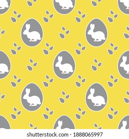Vector seamless pattern Happy Easter. Easter eggs with Bunny, leaves. Festive background. Surprise Hunt for Easter eggs. Fun game for children.  Illuminating and Ultimate Gray.