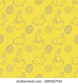 Vector seamless pattern Happy Easter. Easter Bunny, egg shell, decorated egg, flower. Festive background. Surprise. Hunt for eggs. Fun game for children. Illuminating and Ultimate Gray.