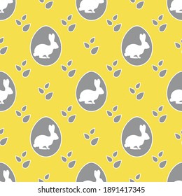 Vector seamless pattern Happy Easter. Easter eggs with Bunny, leaves. Festive background. Surprise Hunt for Easter eggs. Fun game for children. Design Illuminating and Ultimate Gray