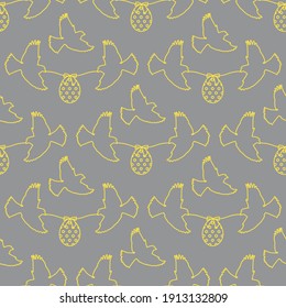 Vector seamless pattern Happy Easter Two birds hold rope with decorated Easter egg with bow on white background. Festive concept. Surprise. Design for Illuminating and Ultimate Gray.