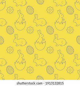 Vector seamless pattern Happy Easter. Easter Bunny, egg shell, decorated egg, flower. Festive background. Surprise. Hunt for eggs. Fun game for children. Illuminating and Ultimate Gray.