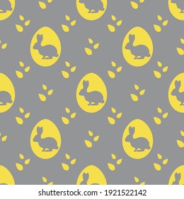 Vector seamless pattern Happy Easter. Easter eggs with Bunny, leaves. Festive background. Surprise Hunt for Easter eggs. Fun game for children. Design for Illuminating and Ultimate Gray.