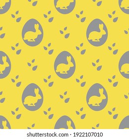 Vector seamless pattern Happy Easter. Easter eggs with Bunny, leaves. Festive background. Surprise Hunt for Easter eggs. Fun game for children. Design for Illuminating and Ultimate Gray.